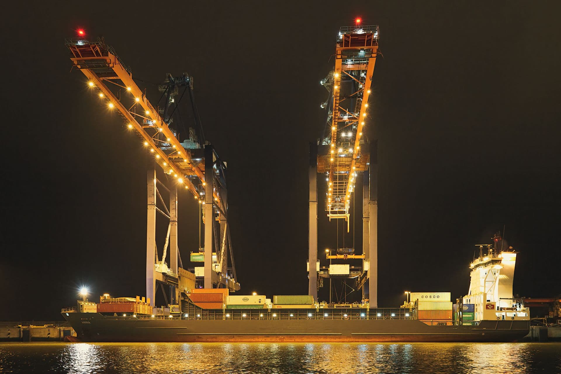 Container cranes lit against a night sky